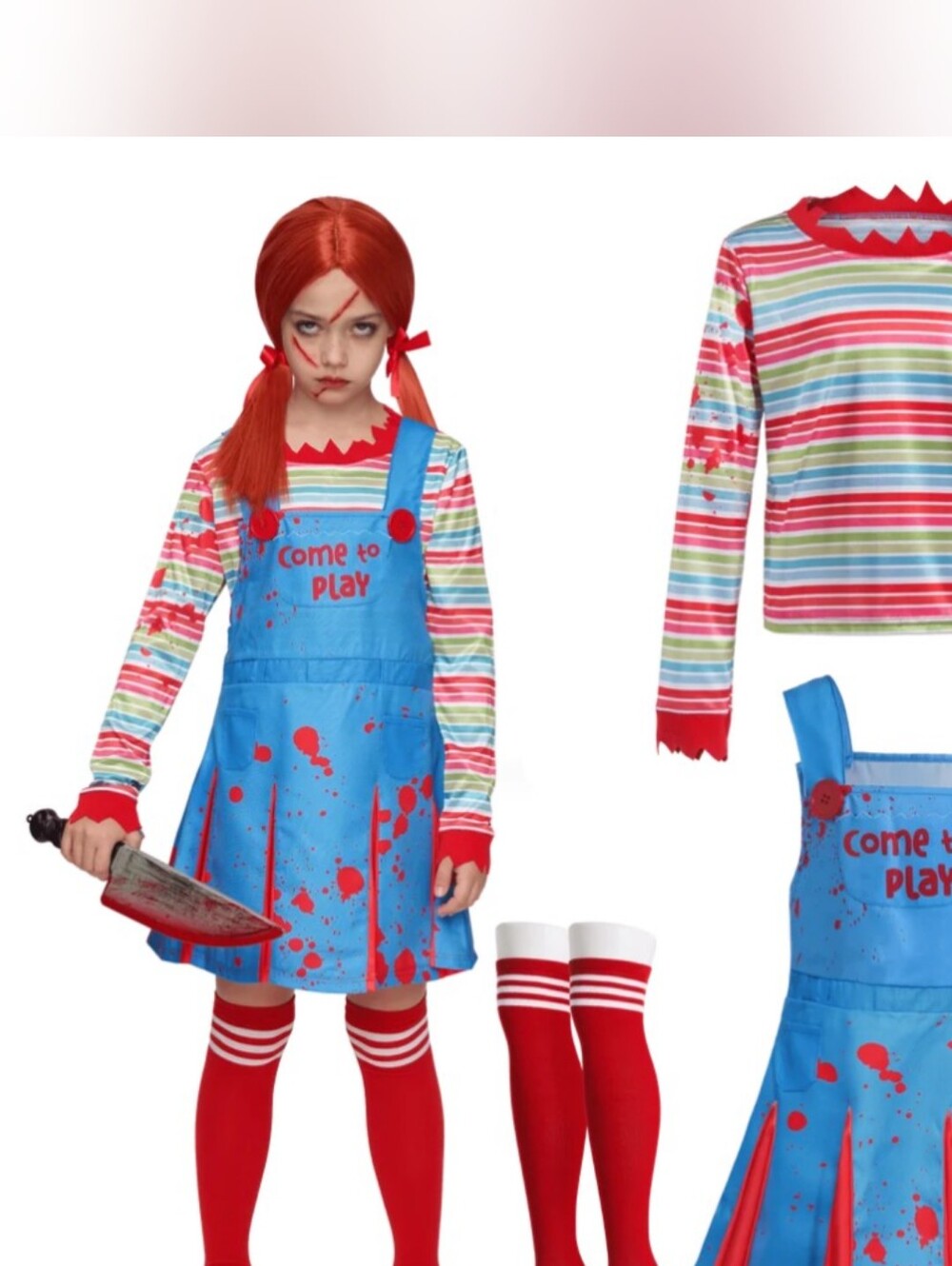 Girls' Blue 'Come to Play' Horror Costume Dress Creepy Doll